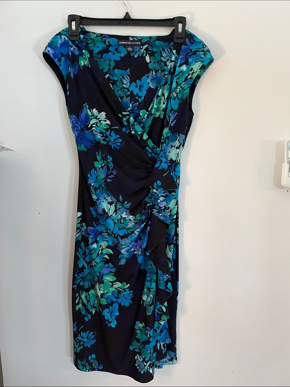 American Living Black Navy Floral Faux-Wrap Midi Dress